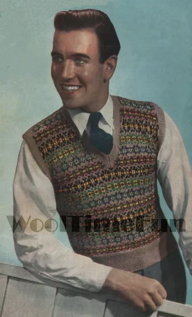 VINTAGE KNITTING PATTERN Mens Fair Isle Tank Top Pullover Slipover