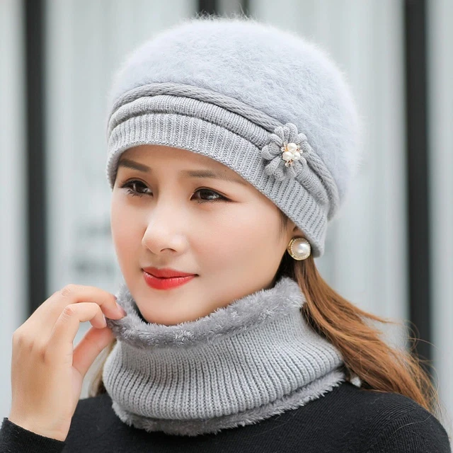 Gorro Invierno Mujer Gorro Punto Informal Cuello Forrado Piel Conejo Abrigado