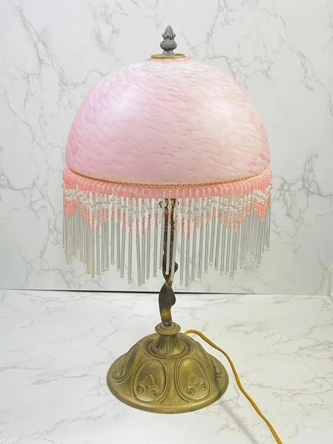 Victorian Style Rose Pink Frosted Glass and Beaded Fringe Lamp