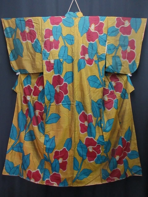 8132A4 Silk Vintage Japanese Kimono Robe Dress Camellia Meisen