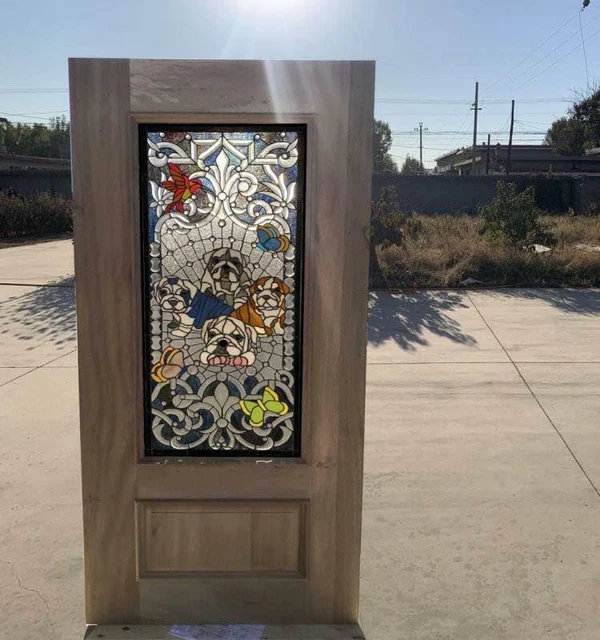 Custom Hand Made Bull Dog Stained Glass Entry Estate Door - Cd2