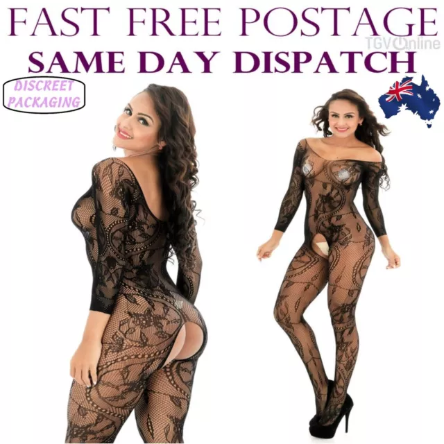 Womens Sexy Black Crotchless Lace Print Fishnet Bodystocking Underwear Lingerie