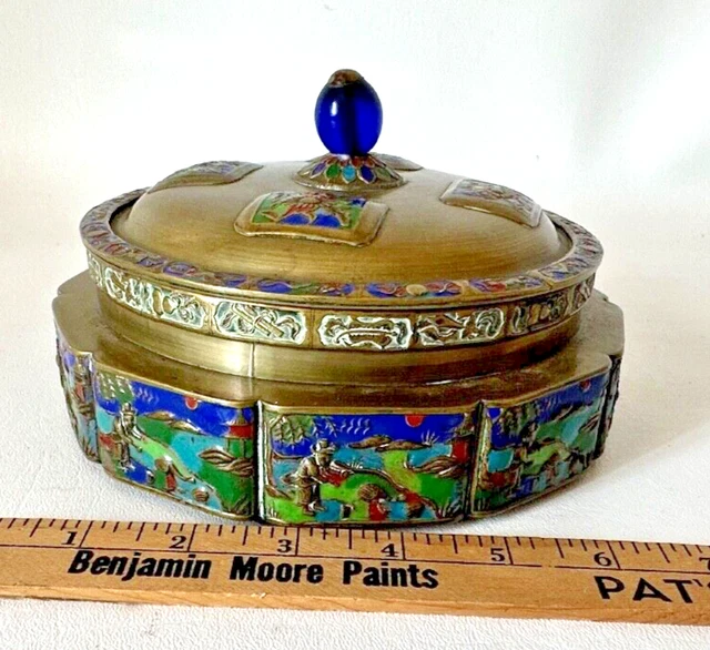 Cloisonne Enamel Bronze Finial Lidded Covered Box Jar Chinese Antique/Vintage