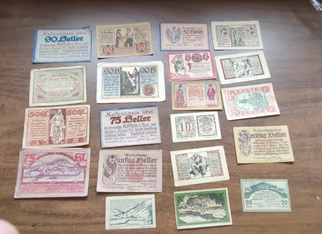 LIECHTENSTEIN 10,20, 75, 50 95 etc. HELLER banknotes 1919 1920.  Large lot
