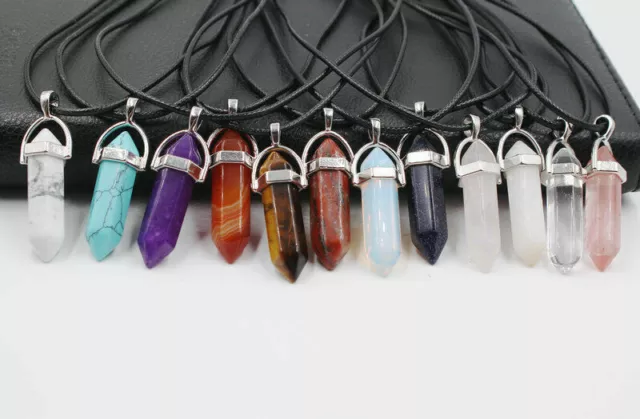 12pc Gemstone Natural Stone Crystal Quartz Point Chakra charms Pendant Necklace