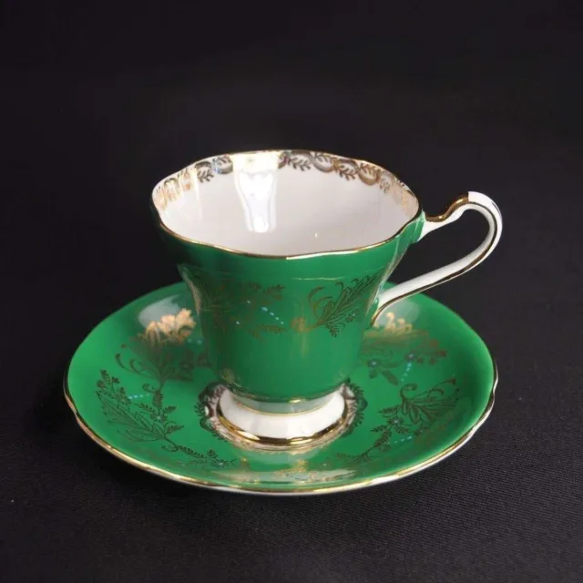 Royal Stafford Cup & Saucer Corset Green Gold Flower Scrollwork Bead 1940-1960's