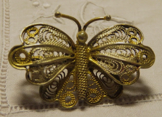 Broche Papillon Ancienne En Argent Massif émaillé - Marron Orangé - Vintage Français - Occasion