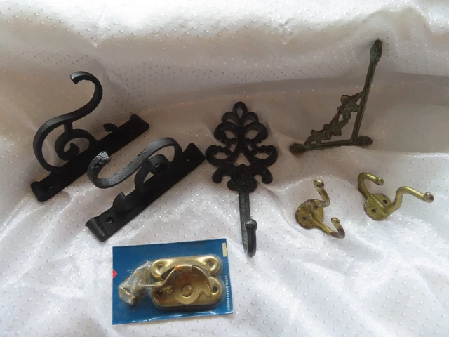 Lot Of 7 Vintage Hooks/Coats/Plants/etc.  Metal/Brass + a Brass Lock/unopened