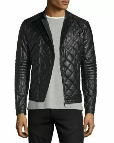 Men's Genuine Lambskin Leather jacket Slim fit Biker Motorcycle jacket-MJ054