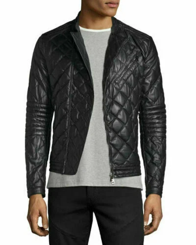 Men's Genuine Lambskin Leather jacket Slim fit Biker Motorcycle jacket-MJ054