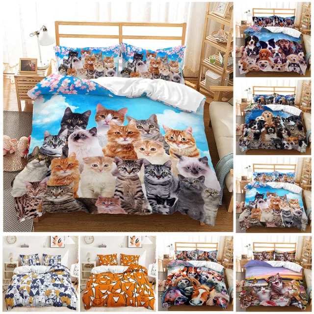 Funny Animal Print Cute Dogs Cats Floral Pet Lovers Duvet Quilt Cover Bed Set