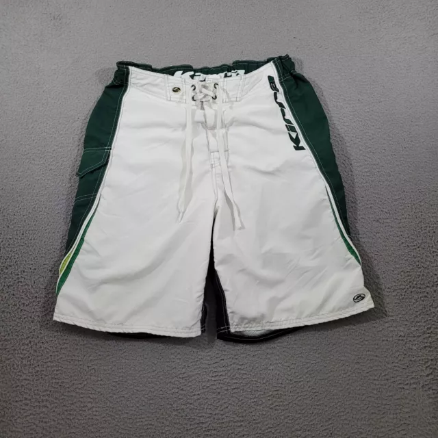 Kirra Shorts Mens 33 White Green Board Shorts Swim Trunks Drawstring Logo Grunge