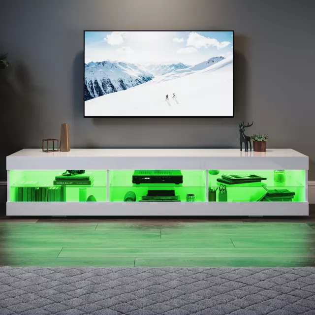 White LED High Gloss 180cm TV Stand Cabinet Unit Stroage Glass Shelves Sideboard