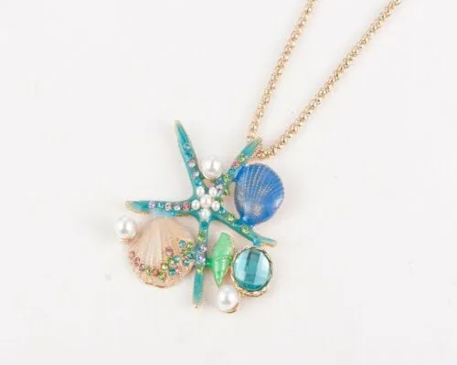 Enamel Crystal Starfish Shell Blue Necklace Pendant Long Conch
