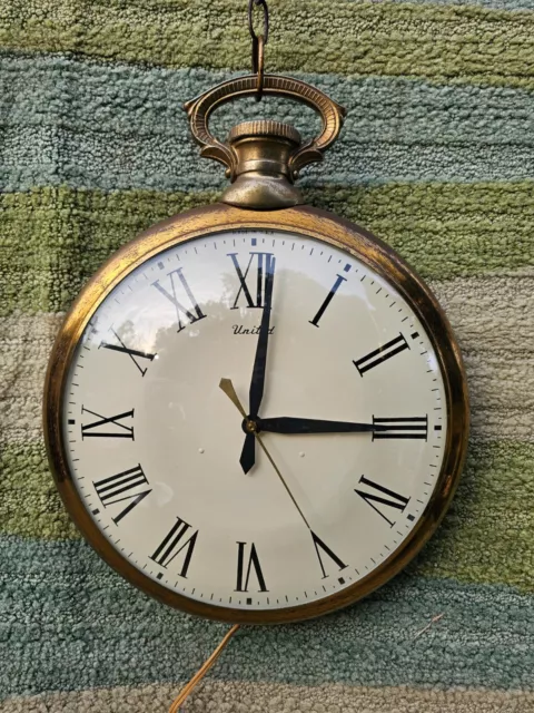 Vintage United Brass Pocket Watch Style Electric Wall Clock No. 40