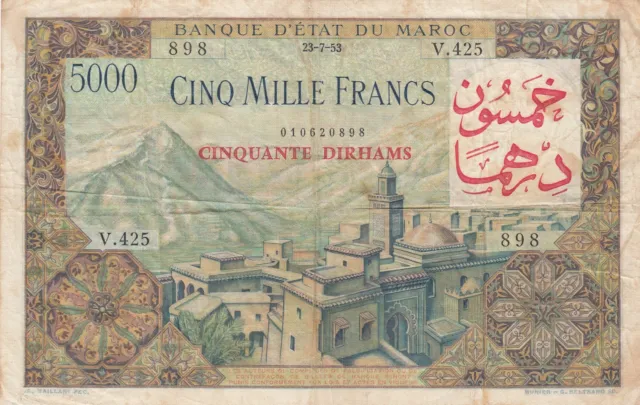50 Dirhams sur 5000 Francs surchargé  02-04-1953 - Série V.425 - TTB - P.51