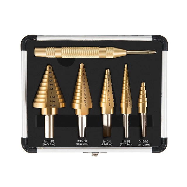 5 Pack Titanium Step Drill Bit Set Automatic Center Punch High Speed Steel Drill