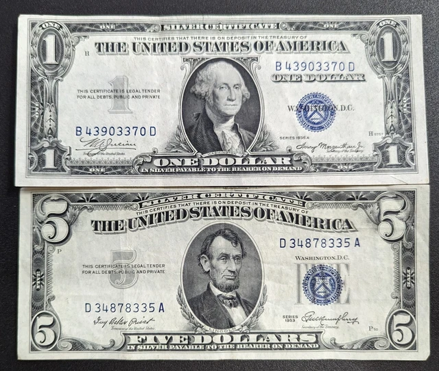 Higher Grade 1935 $1 One Dollar + 1953 $5 Five Dollar Silver Certificates  (016)