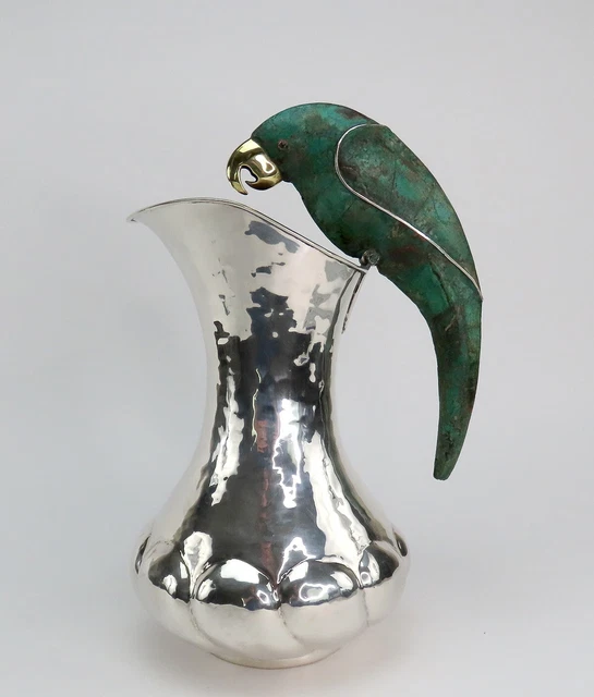 Gorgeous Large Los Castillo Turquoise Parrot Silver Plate Pitcher 13 in