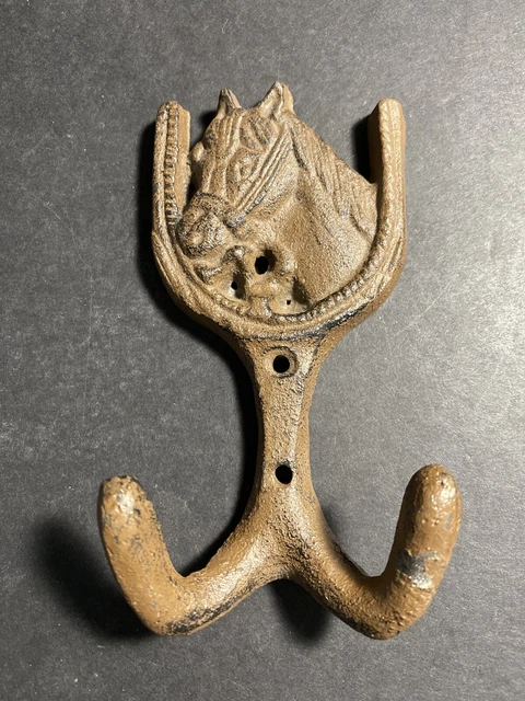 Cast Iron Brown Double Hook Horse Shoe- Horse Coat Hat Hanger Western Wall Mount