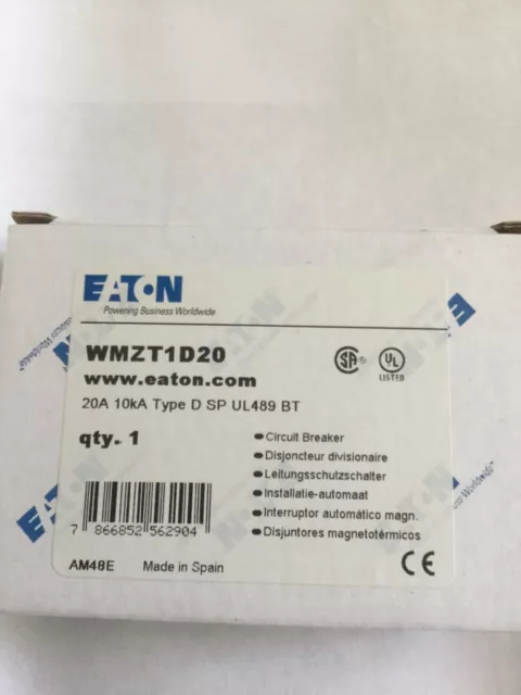 Eaton Wmzt1d20 Circuit Breaker 20A 10kA Type D New In Box