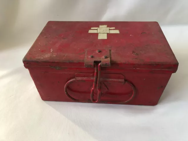 Vintage Red Metal First Aid Medicine Tin Box with some contents Prop / decor