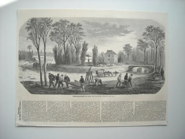 Gravure 1858. Embellisements Du Bois De Vincennes, Travaux Du Lac. Avec Explicat