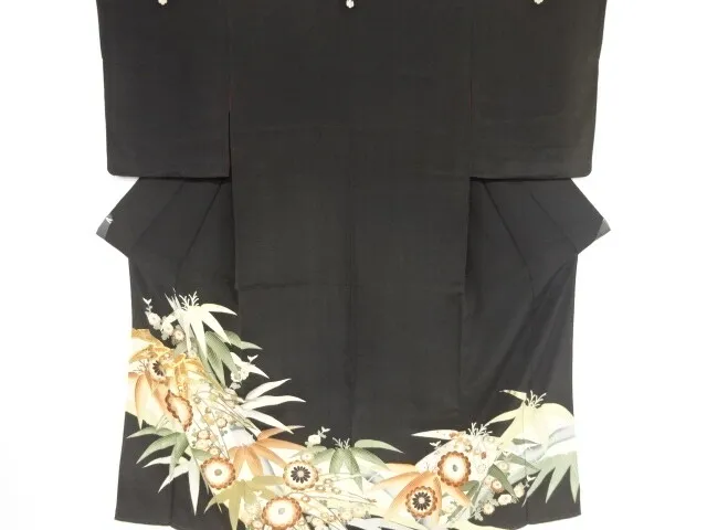 80193# Japanese Kimono / Antique Tomesode / Embroidery / Bamboo & Kiku