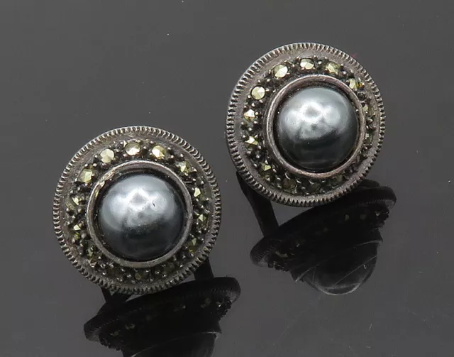 JUDITH JACK 925 Silver - Vintage Hematite & Marcasite Drop Earrings - EG10265