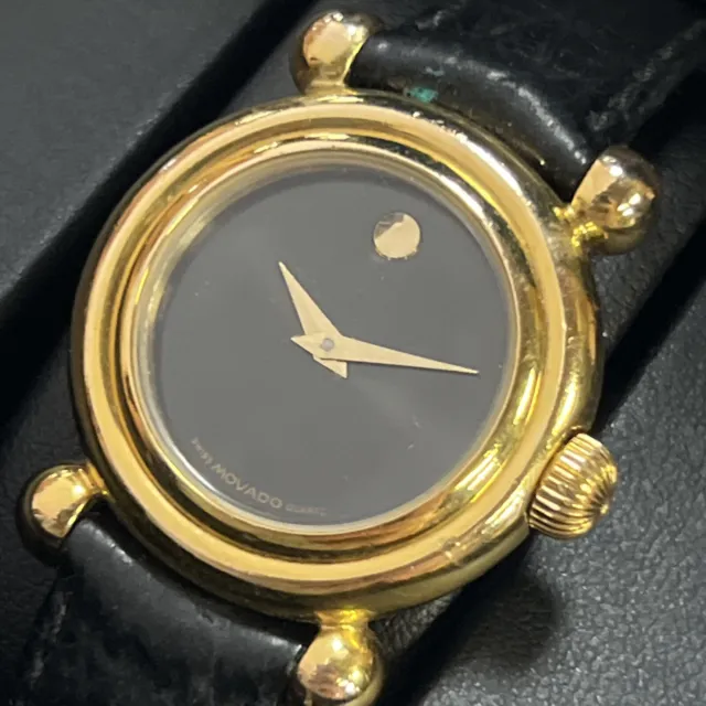 womens Movado Gold Tone Black Dial 87-A1-825, Pre Owned with Box and Booklet