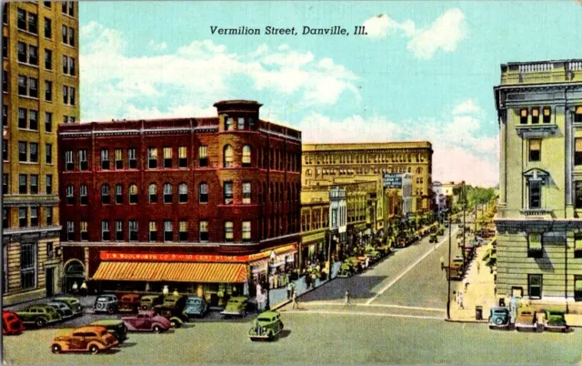 Vintage Postcard Vemilion Street Danville IL Illinois Woolworth Store      J-189