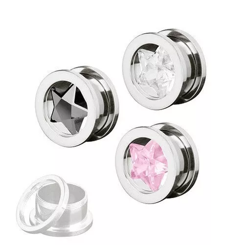 Tunnel Oreille Vis Plug Acier Inox Piercing Zircon Cristal Étoile Incrustation