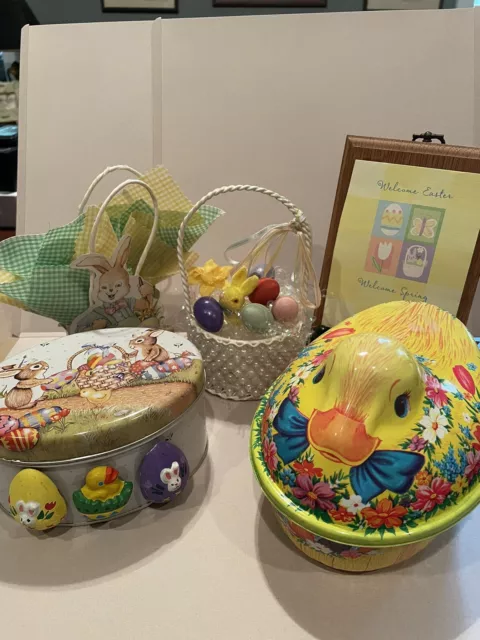 Lot VTG Easter Items Paper Bunnies Baskets Duck Eggs Magnets Wooden Sign Tin