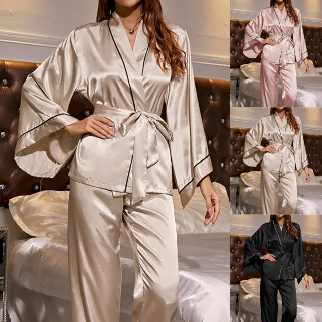 Womens Satin Pyjama Set Silky Summer Lounge Wear Pajamas Long Sleeve kimono PJS