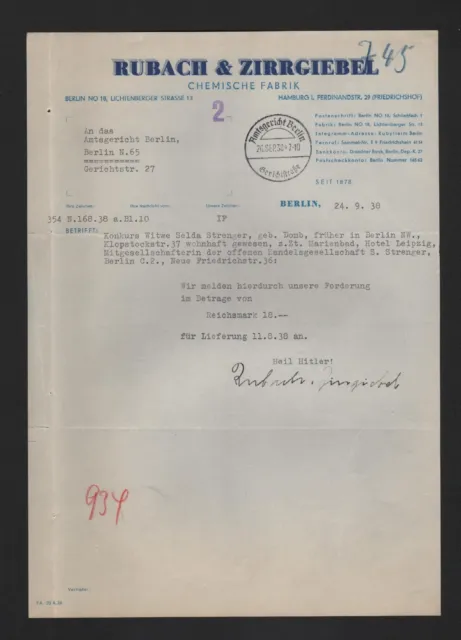 BERLIN, Brief 1938, Rubach & Zirrgiebel Chemische Fabrik