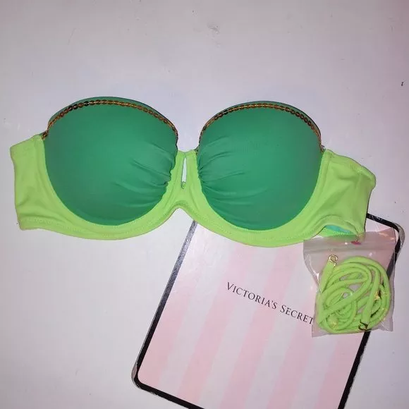 Victoria Secret Swim Bikini Top 36A Gorgeous Push Up Green Strapless Sequin Trim