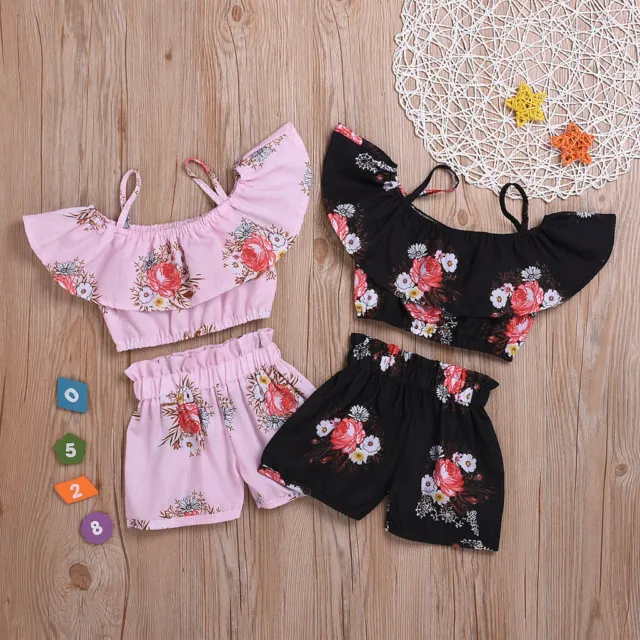 Summer Toddler Kids Baby Girls Floral Suspenders Tops +Shorts Outfit Set Clothes