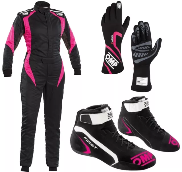OMP Womens Driver Set Suit Gloves Shoes Bundle for Go Karting Rally Racing Pink