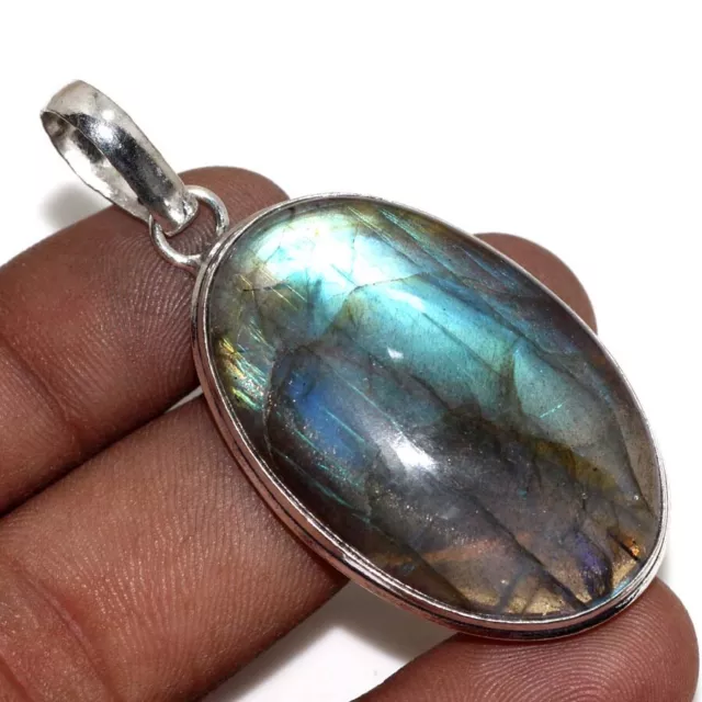 Fiery Labradorite 925 Silver Plated Gemstone Pendant 2.1" Exquisite Gift GW