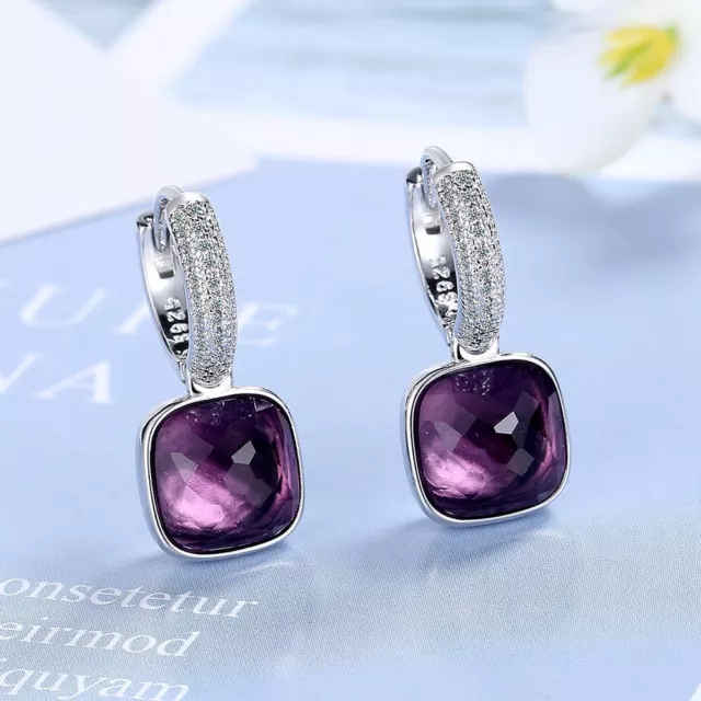 Square Crystal Dangle Drop 925 Silver Hoop Huggie Earrings Women Wedding Jewelry 3