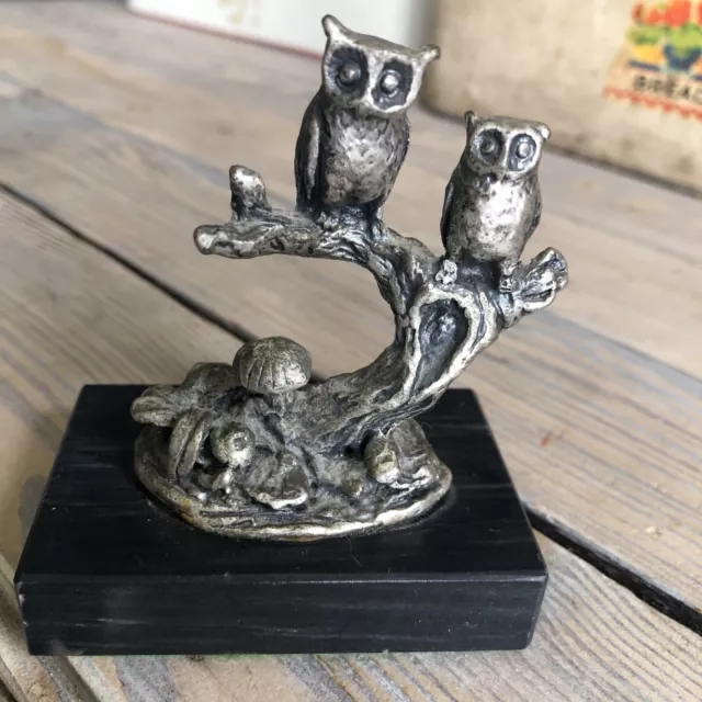 Pewter Silver Plated Owls Figurine  Perched on a Tree Branch Marble Base Vintage