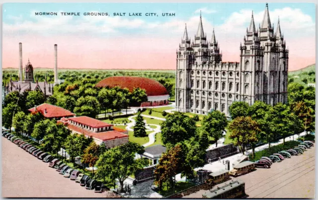 Mormon Temple Grounds Salt Lake City Utah Aerial USA UT Vintage Postcard Linen