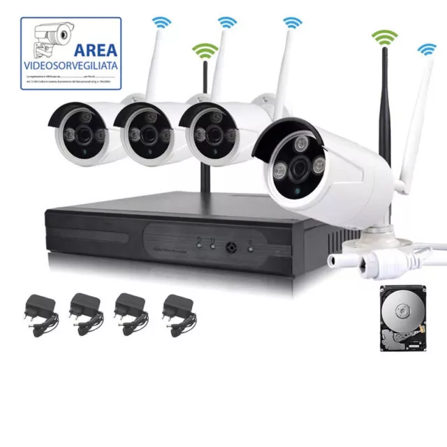 Kit Videosorveglianza Wireless Full Hd Ip 4 Telecamere 2 Mpx Wifi Da Remoto H...