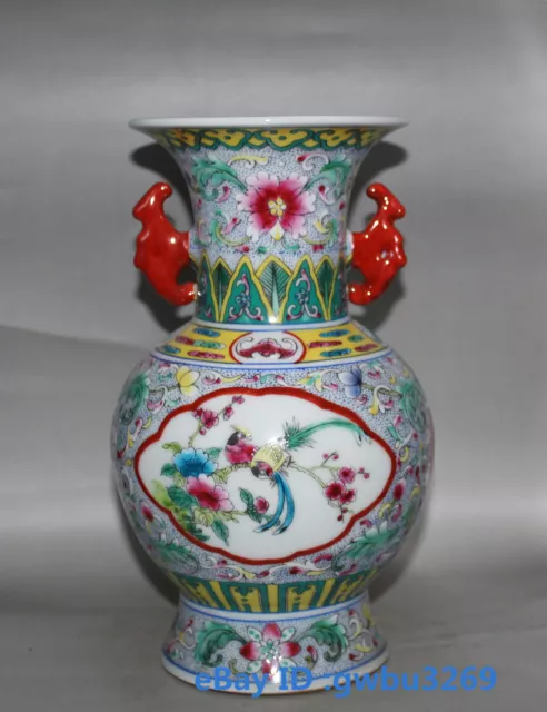 Chinese Cloisonne Porcelain Hand Painting Flower bird Vase w Qianlong Mark 22968