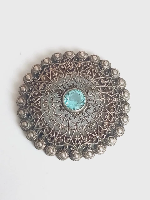 Broche Art Déco vintage en argent sterling : marcassite et imitation de saphir - France