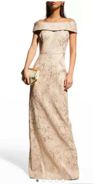 Teri Jon by Rickie Freeman Off-the-Shoulder GOLD Jacquard Gown SIZE 2