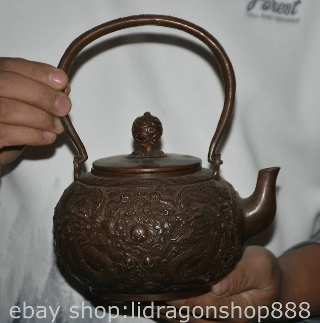 8.4" Marked Old Chinese Copper Dynasty Double Dragon Beast handle Kettle