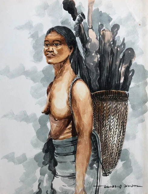 Acuarela vietnamita antigua, Firma para identificar, Artes asiáticas, XX