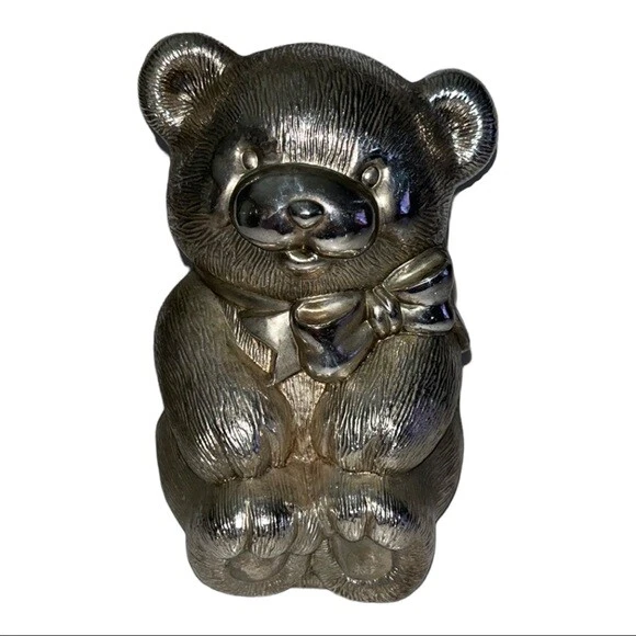 Vintage Silver Plated Metal Teddy Bear Piggy Bank
