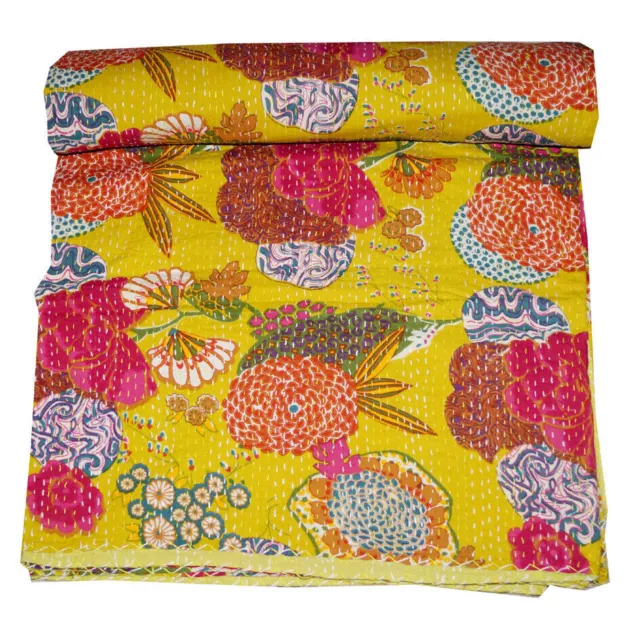 Colcha de algodón Kantha hecha a mano, colcha, manta, estampado de frutas...